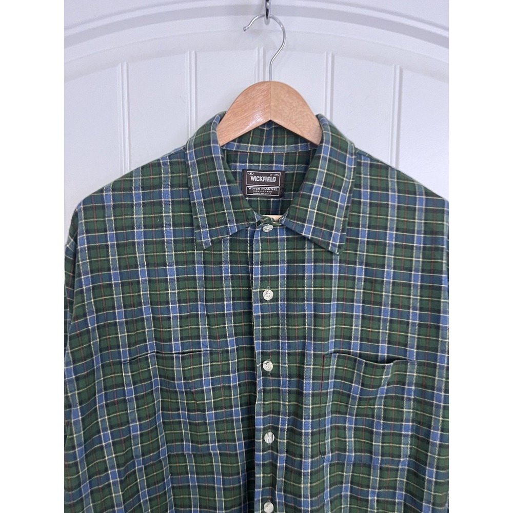 Vintage Wickfied‎ Woven Flannel Shirt Mens XL Cotton GreenPlaid Made USA 339